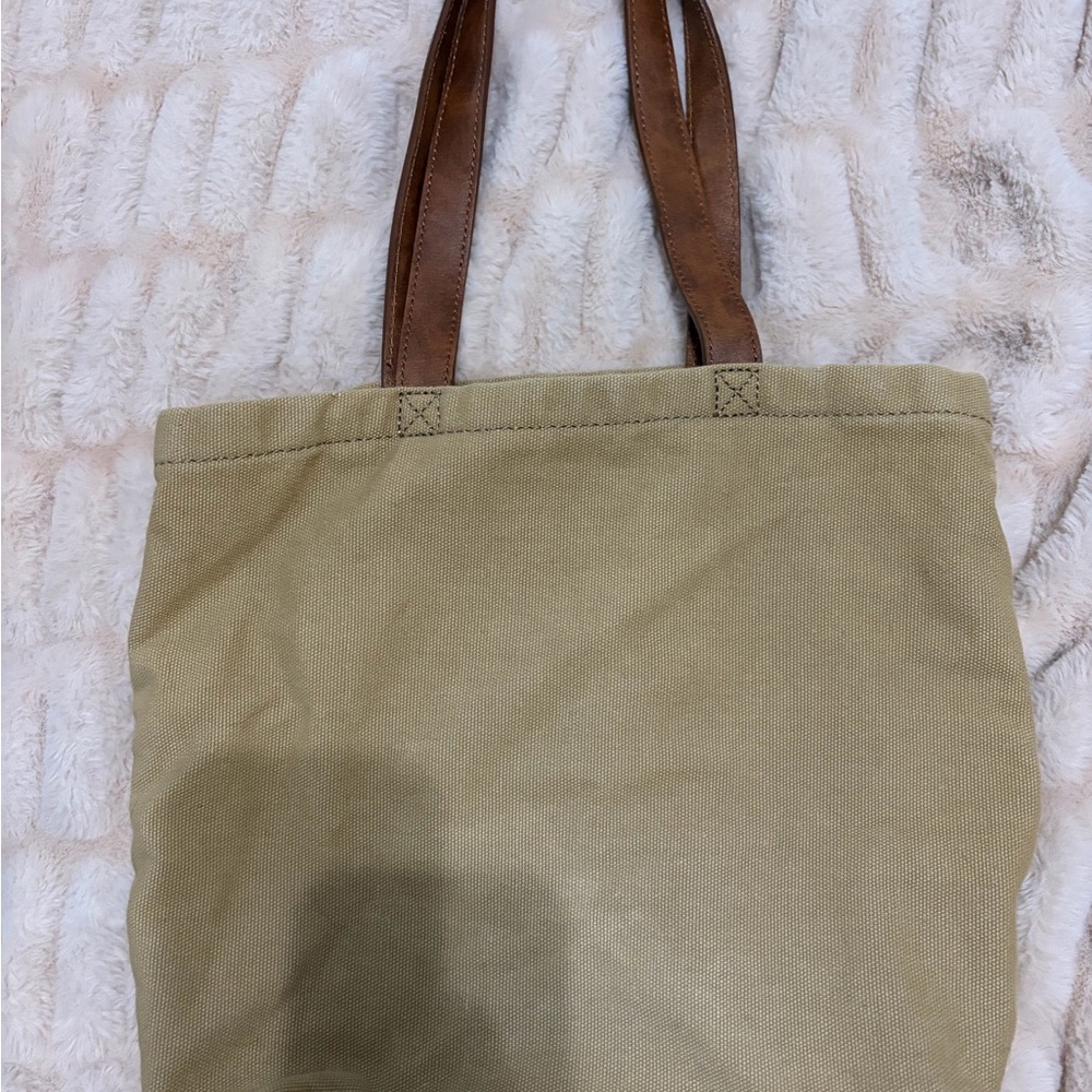 Brandy Melville Beige Canvas Tote with Brown Leather Handles